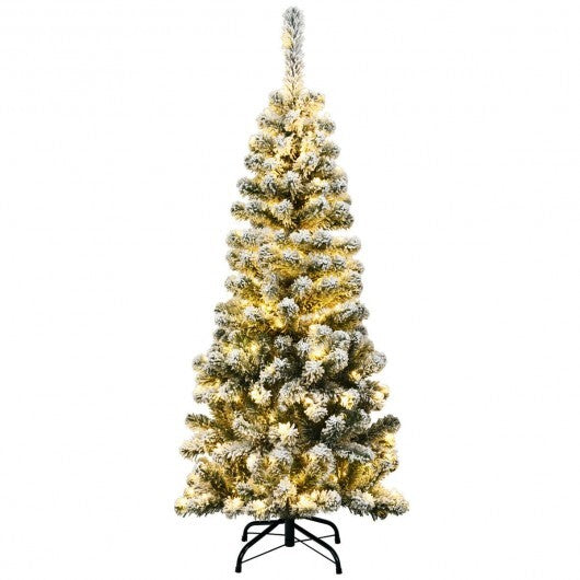 4.5 Feet Pre-Lit Snow Flocked Pencil Christmas Tree with 150 LED Light W2B