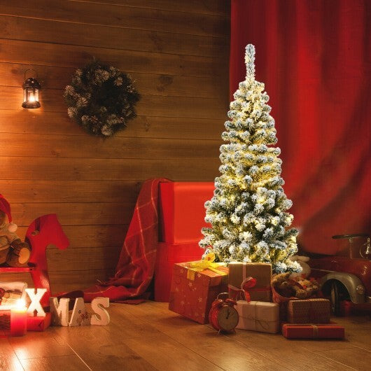 4.5 Feet Pre-Lit Snow Flocked Pencil Christmas Tree with 150 LED Light W2B