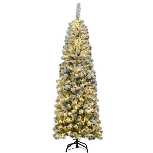 6 Feet Pre-lit Snow Flocked Artificial Pencil Christmas Tree with 250 LED Lights W2B