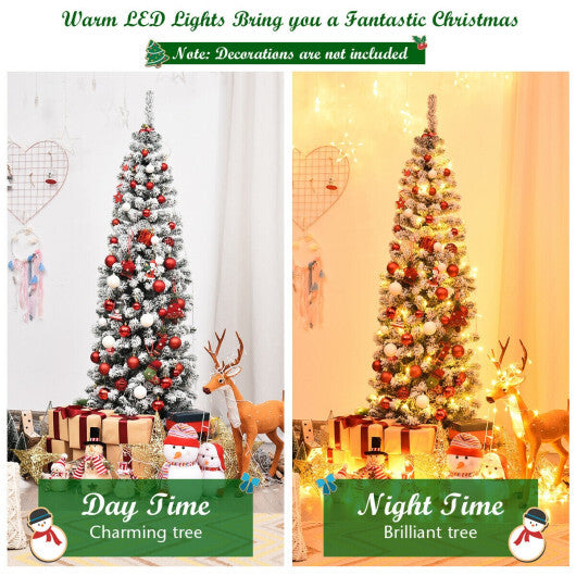 6 Feet Pre-lit Snow Flocked Artificial Pencil Christmas Tree with 250 LED Lights W2B