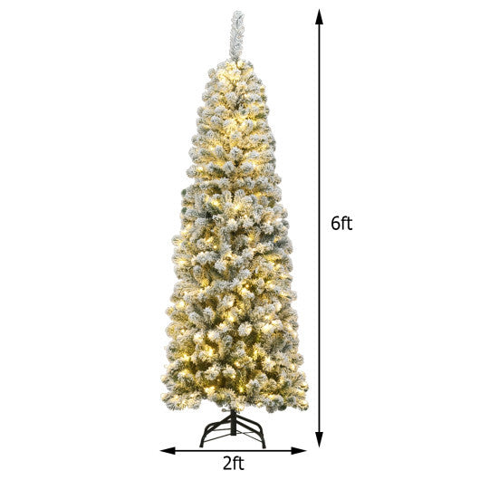 6 Feet Pre-lit Snow Flocked Artificial Pencil Christmas Tree with 250 LED Lights W2B