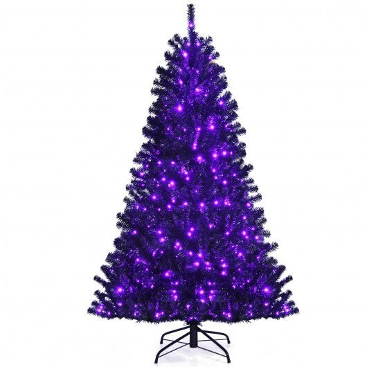 Black Artificial Christmas Halloween Tree with Purple LED Lights-7 ft