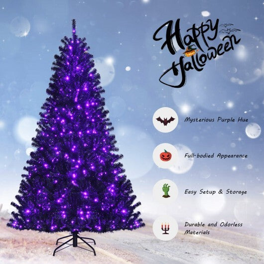 Black Artificial Christmas Halloween Tree with Purple LED Lights-7 ft