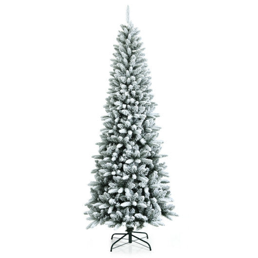 Snow-Flocked Hinged Artificial Christmas Pencil Tree with Mixed Tips-6.5 ft
