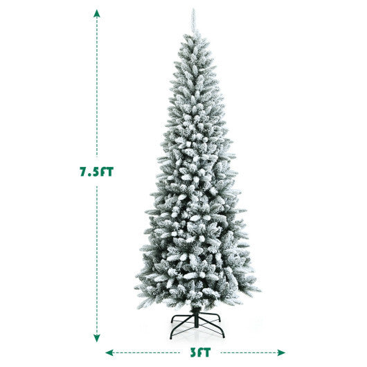 Snow-Flocked Hinged Artificial Christmas Pencil Tree with Mixed Tips-6.5 ft