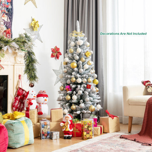 Snow-Flocked Hinged Artificial Christmas Pencil Tree with Mixed Tips-6.5 ft