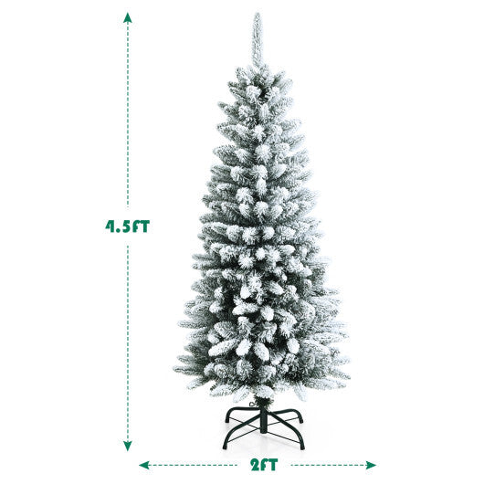 Snow-Flocked Hinged Artificial Christmas Pencil Tree with Mixed Tips-6.5 ft