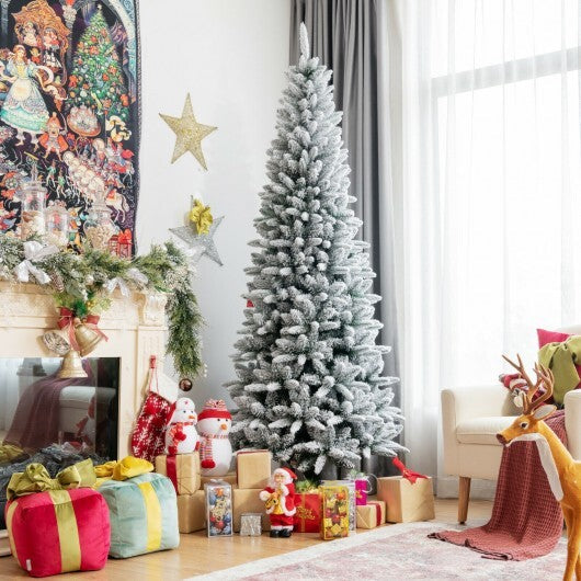 Snow-Flocked Hinged Artificial Christmas Pencil Tree with Mixed Tips-7.5 ft - Color: White - Size: 7.5 ft W2B