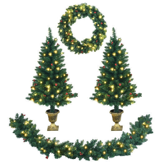 4 Pieces Christmas Decoration Set with Garland Wreath and Entrance Trees W2B