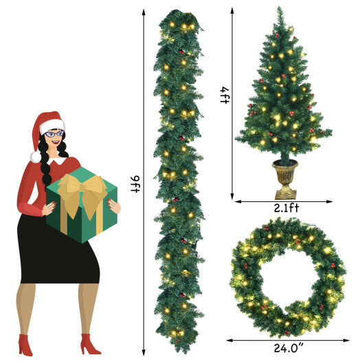 4 Pieces Christmas Decoration Set with Garland Wreath and Entrance Trees W2B