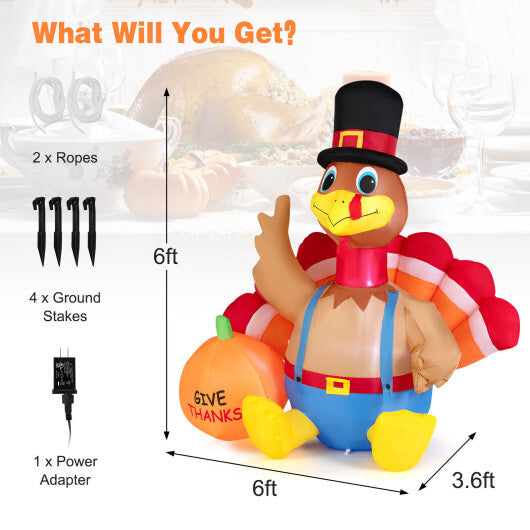 6 Feet Thanksgiving Inflatable Turkey with Pumpkin Fall Harvest Decor with Lights W2B