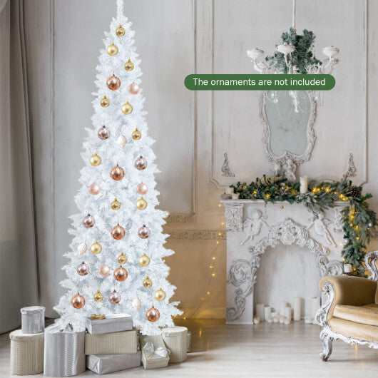 7 Feet Pre-Lit Hinged Pencil Christmas Tree White with 300 LED Lights and 8 Flash Modes W2B