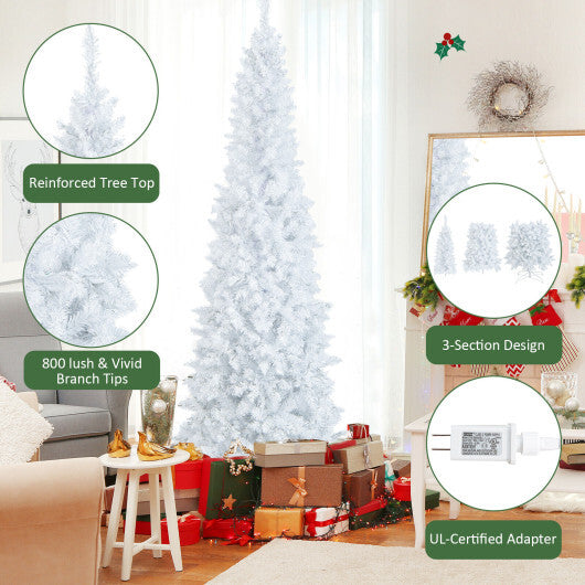7 Feet Pre-Lit Hinged Pencil Christmas Tree White with 300 LED Lights and 8 Flash Modes W2B