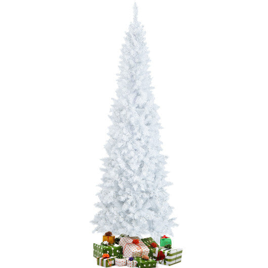 7 Feet Pre-Lit Hinged Pencil Christmas Tree White with 300 LED Lights and 8 Flash Modes W2B