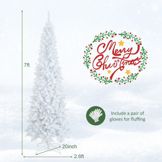 7 Feet Pre-Lit Hinged Pencil Christmas Tree White with 300 LED Lights and 8 Flash Modes W2B