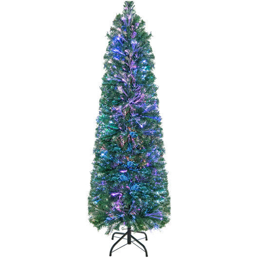 5/6/7/8 FT Pre-Lit Christmas Pencil Tree with Colorful Fiber Optics Green-8 ft W2B