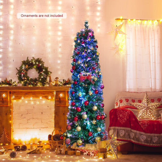 5/6/7/8 FT Pre-Lit Christmas Pencil Tree with Colorful Fiber Optics Green-8 ft W2B