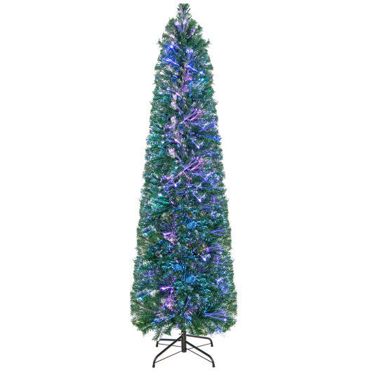 5/6/7/8 FT Pre-Lit Christmas Pencil Tree with Colorful Fiber Optics Green-8 ft W2B