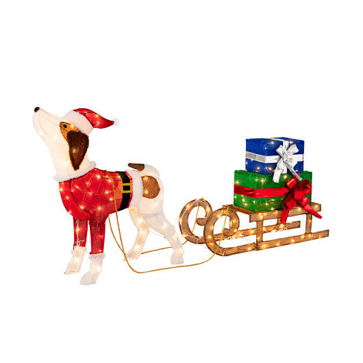 Outdoor Pre-lit Xmas Dog and Sleigh with 170 Warm Bright Lights for Porch W2B