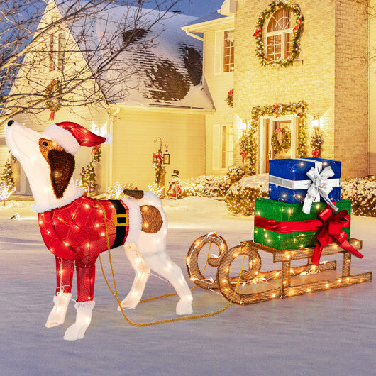 Outdoor Pre-lit Xmas Dog and Sleigh with 170 Warm Bright Lights for Porch W2B