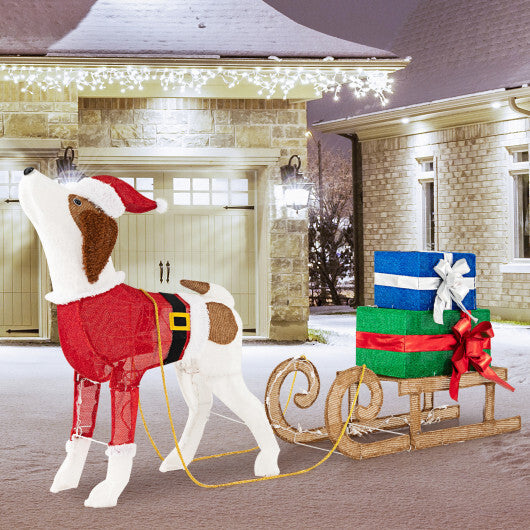 Outdoor Pre-lit Xmas Dog and Sleigh with 170 Warm Bright Lights for Porch W2B