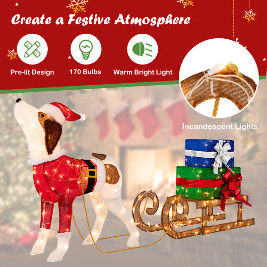 Outdoor Pre-lit Xmas Dog and Sleigh with 170 Warm Bright Lights for Porch W2B