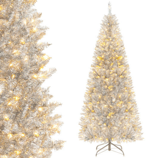 6/7 FT Pre-Lit Artificial Silver Tinsel Xmas Tree with 790 Branch Tips and 300 LED Lights-6 ft W2B