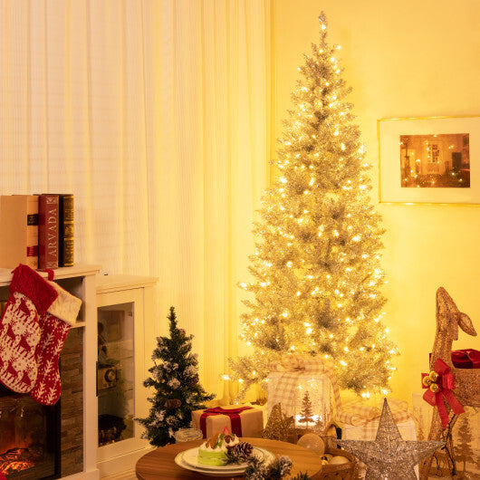 6/7 FT Pre-Lit Artificial Silver Tinsel Xmas Tree with 790 Branch Tips and 300 LED Lights-6 ft W2B