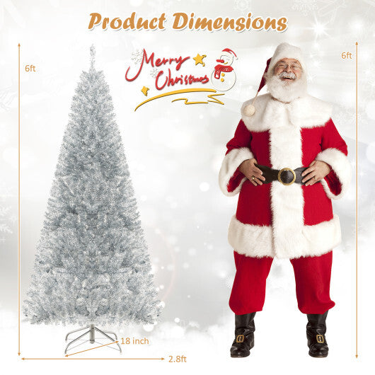 6/7 FT Pre-Lit Artificial Silver Tinsel Xmas Tree with 790 Branch Tips and 300 LED Lights-6 ft W2B