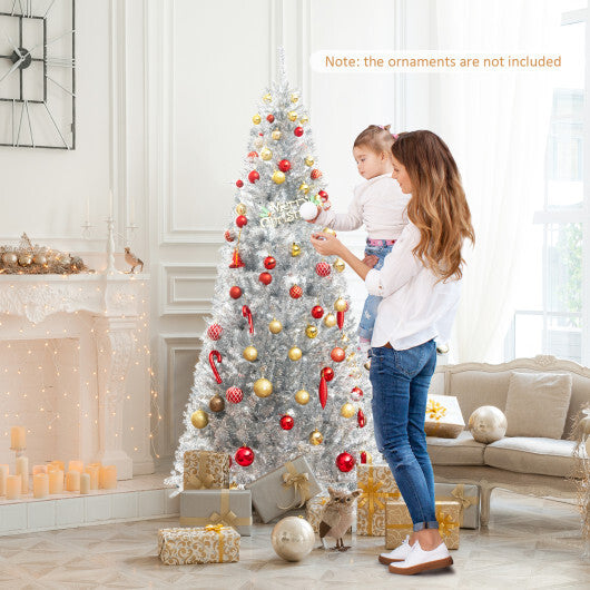 6/7 FT Pre-Lit Artificial Silver Tinsel Xmas Tree with 790 Branch Tips and 300 LED Lights-6 ft W2B