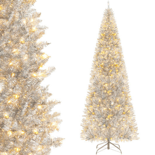 6/7 FT Pre-Lit Artificial Silver Tinsel Xmas Tree with 790 Branch Tips and 300 LED Lights-6 ft W2B