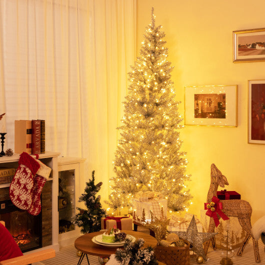 6/7 FT Pre-Lit Artificial Silver Tinsel Xmas Tree with 790 Branch Tips and 300 LED Lights-6 ft W2B