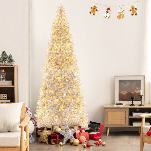 6/7 FT Pre-Lit Artificial Silver Tinsel Xmas Tree with 790 Branch Tips and 300 LED Lights-6 ft W2B