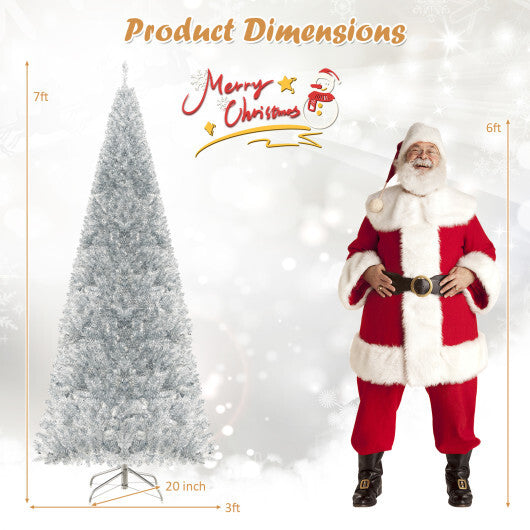 6/7 FT Pre-Lit Artificial Silver Tinsel Xmas Tree with 790 Branch Tips and 300 LED Lights-6 ft W2B