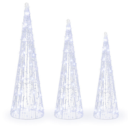 Set of 3 Pre-lit Christmas Cone Trees with Star Strings for Christmas-Cold White W2B