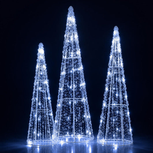 Set of 3 Pre-lit Christmas Cone Trees with Star Strings for Christmas-Cold White W2B