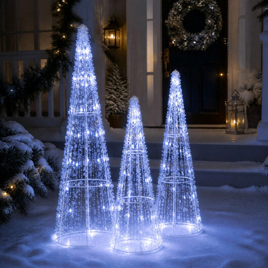 Set of 3 Pre-lit Christmas Cone Trees with Star Strings for Christmas-Cold White W2B