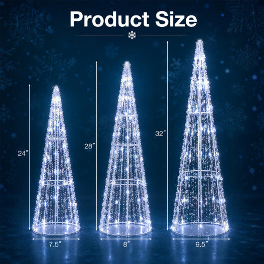 Set of 3 Pre-lit Christmas Cone Trees with Star Strings for Christmas-Cold White W2B