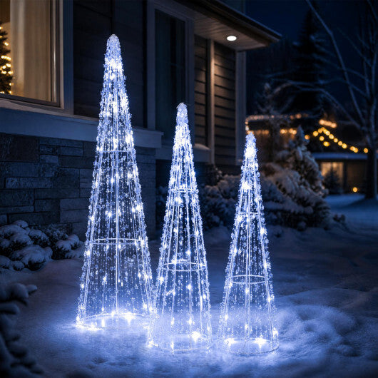 Set of 3 Pre-lit Christmas Cone Trees with Star Strings for Christmas-Cold White W2B