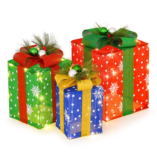 3 PCS Christmas Lighted Gift Boxes Set Decoration with 52 Pre-lit LED Lights W2B