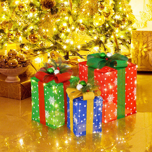 3 PCS Christmas Lighted Gift Boxes Set Decoration with 52 Pre-lit LED Lights W2B