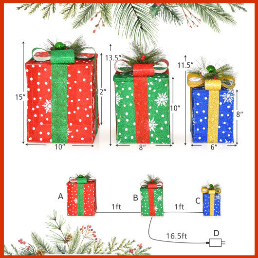 3 PCS Christmas Lighted Gift Boxes Set Decoration with 52 Pre-lit LED Lights W2B