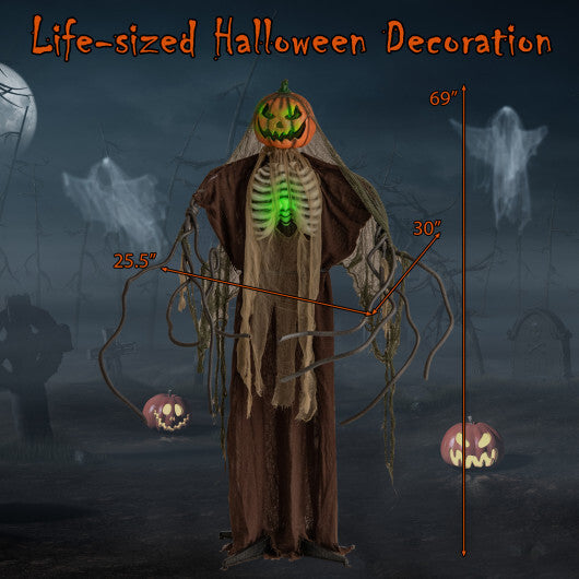 6 Feet Halloween Animatronics Light Up Talking Ghost Pumpkin with Glowing Ribs and Moving Head W2B
