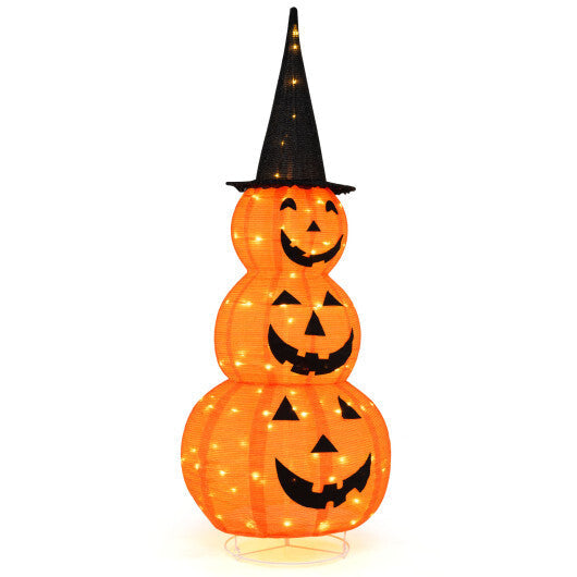 5 Feet Lighted Stacked Pumpkins Halloween Decoration with Witch Hat W2B