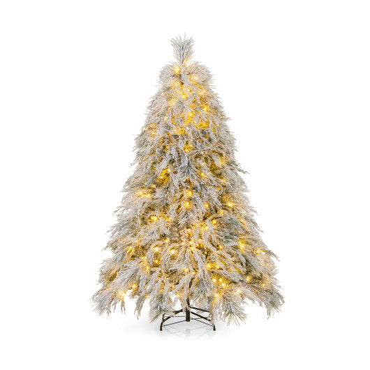 6 Feet Pre-Lit Snow Flocked Christmas Tree with Warm White LED Lights-6 ft