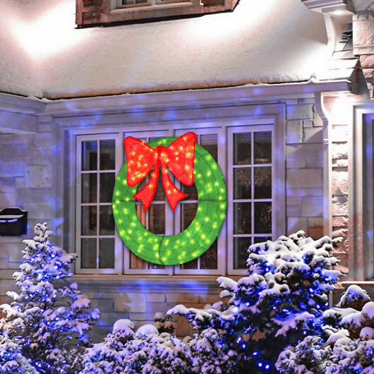 48 Inch Pre-Lit Lighted Christmas Mesh Wreath with Bow and 200 LED Bulbs-Green W2B
