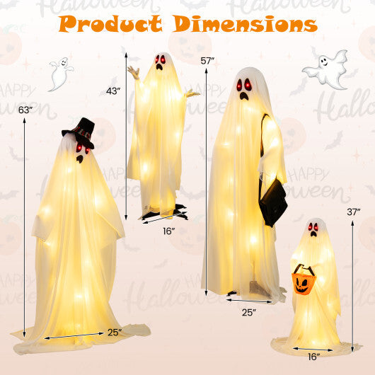 4 PCS Halloween Light up White Cloth Ghost Family with Red and Warm White LED Lights W2B