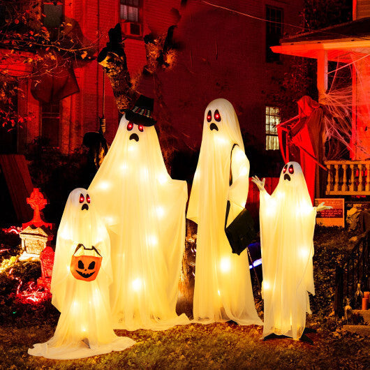 4 PCS Halloween Light up White Cloth Ghost Family with Red and Warm White LED Lights W2B