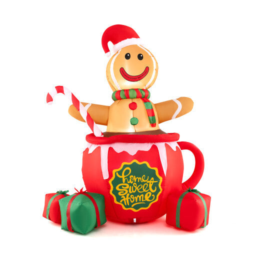 7 Feet Inflatable Gingerbread Man in Hot Cocoa Mug with Built-in LED Lights and Gift Boxes W2B