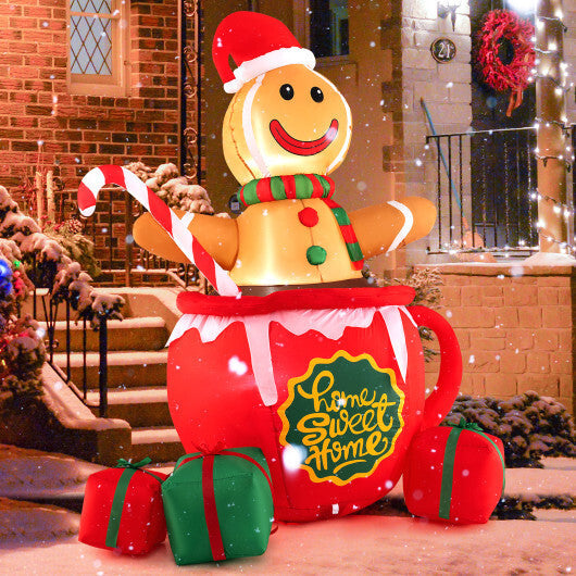 7 Feet Inflatable Gingerbread Man in Hot Cocoa Mug with Built-in LED Lights and Gift Boxes W2B